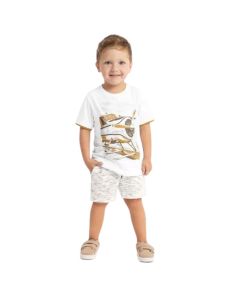 Conjunto Verão Menino Infantil Milon Camiseta Estampa de Avião e Bermuda Branco